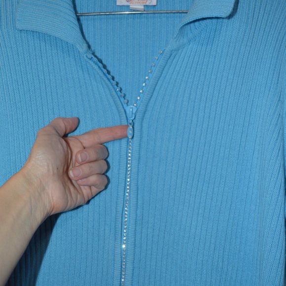 Quacker Factory Knit Blue Jacket Short Sleeves Zip-Up with Strases Women L - Picture 4 of 7